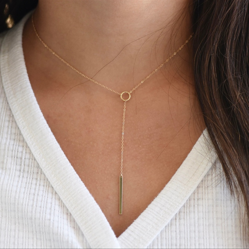 14k Solid Gold Delicate Y Lariat Necklace
